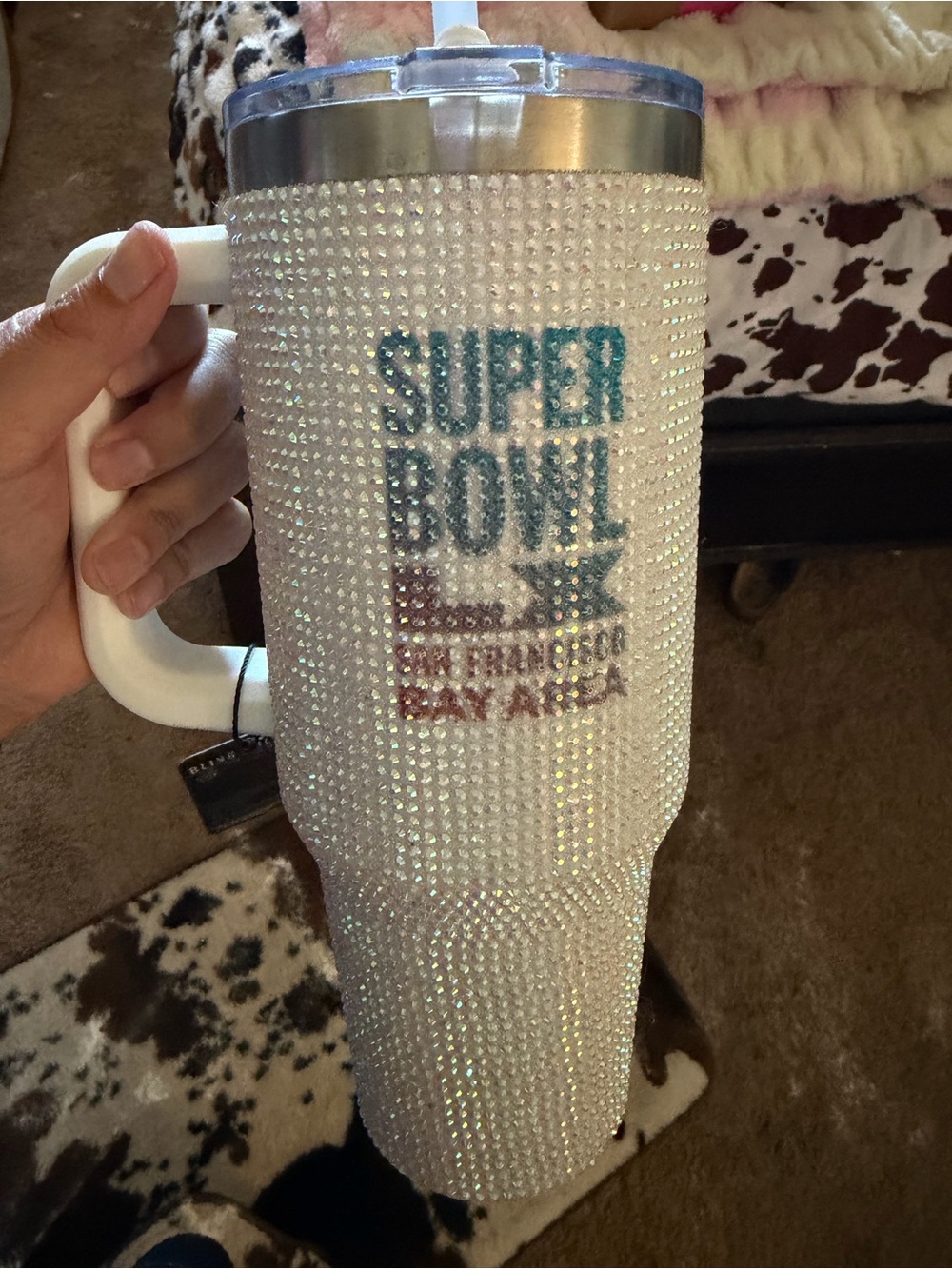 Rhinestone Super Bowl Tumbler Mug - White Sparkle